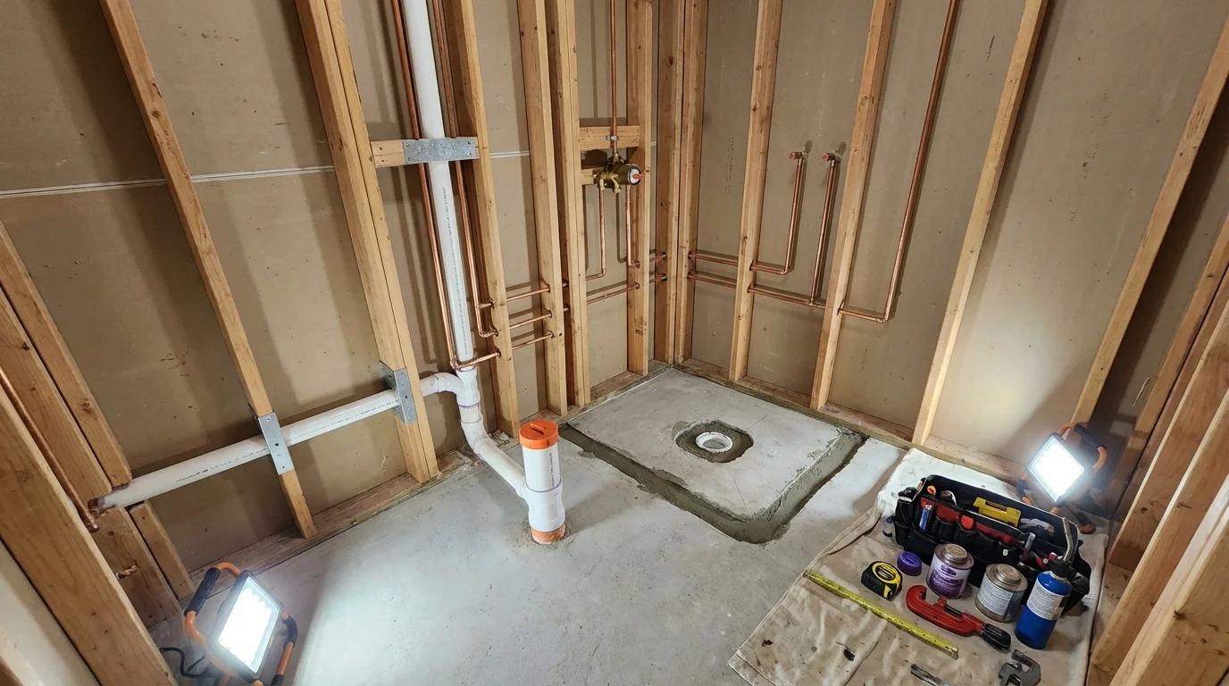Bathroom rough-in plumbing during remodel by Johns Plumbing LLC in Reynolds