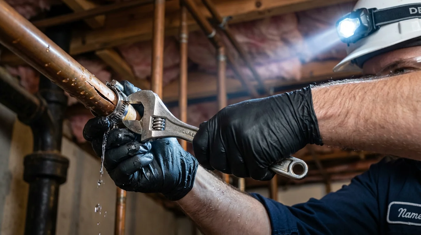 Emergency pipe clamp repair being performed by a Johns Plumbing LLC plumber in Reynolds