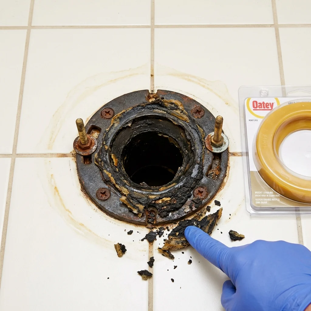 Failed wax ring showing water seepage at the base of a toilet in a Reynolds, GA home