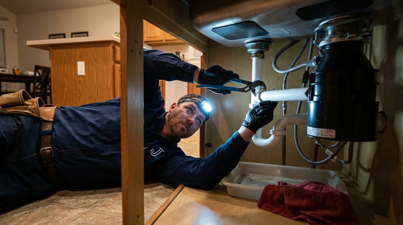 P-trap and supply line connections under a kitchen sink showing a common leak point in Reynolds, GA